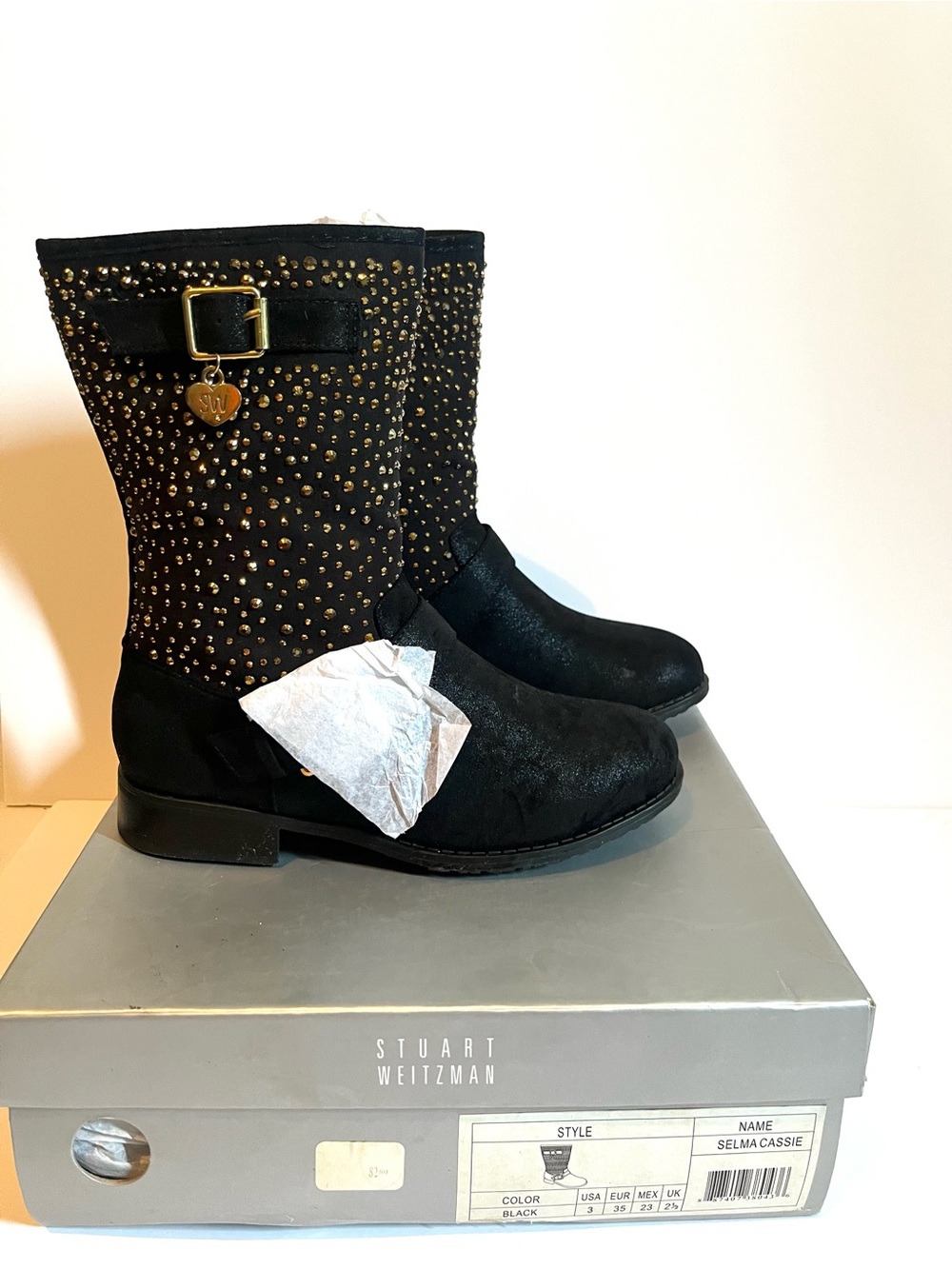 Stuart Weitzman Selma Cassie Black Studded Mid-Calf Suede Boots with Gold Charm